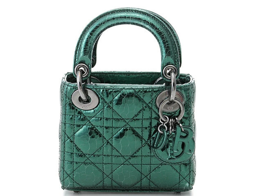 Christian Dior Lady Handbag Metallic Cracking Deerskin Green